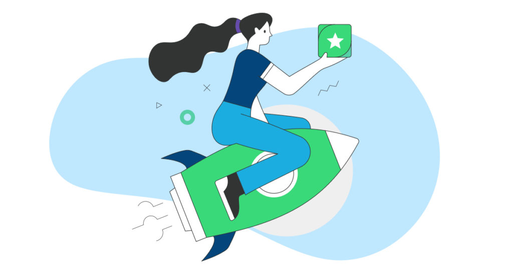 A cartoon image of a woman riding a rocket ship, holding a green box with a star on it. 