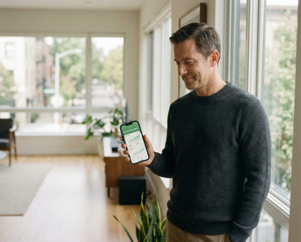 Founder standing in his home checking a green business dashboard on his phone, relaxed and smiling while his company runs without him