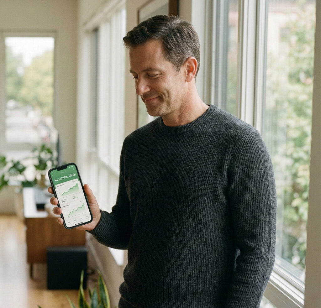 Founder standing in his home checking a green business dashboard on his phone, relaxed and smiling while his company runs without him