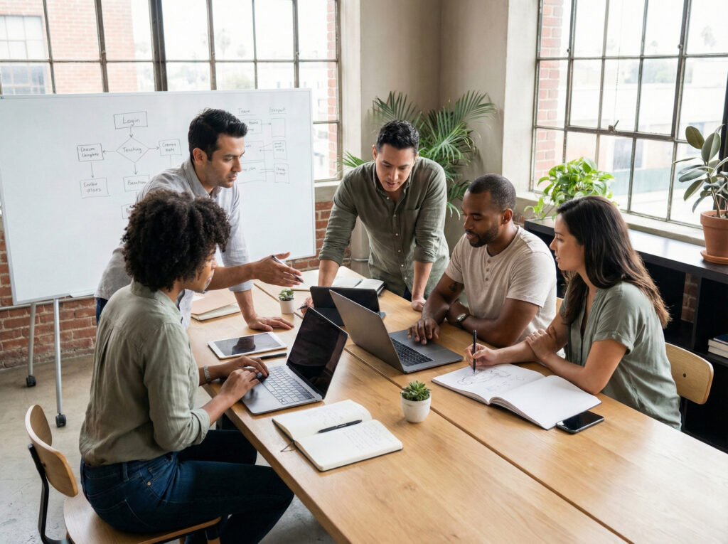 Small professional team running a focused working session independently, making decisions and executing without the founder in the room